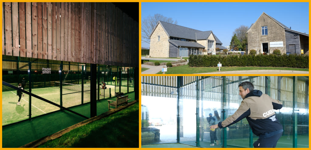 Collage of Padel Shift court, Elkstone Studios exterior, a Padel Shift match.