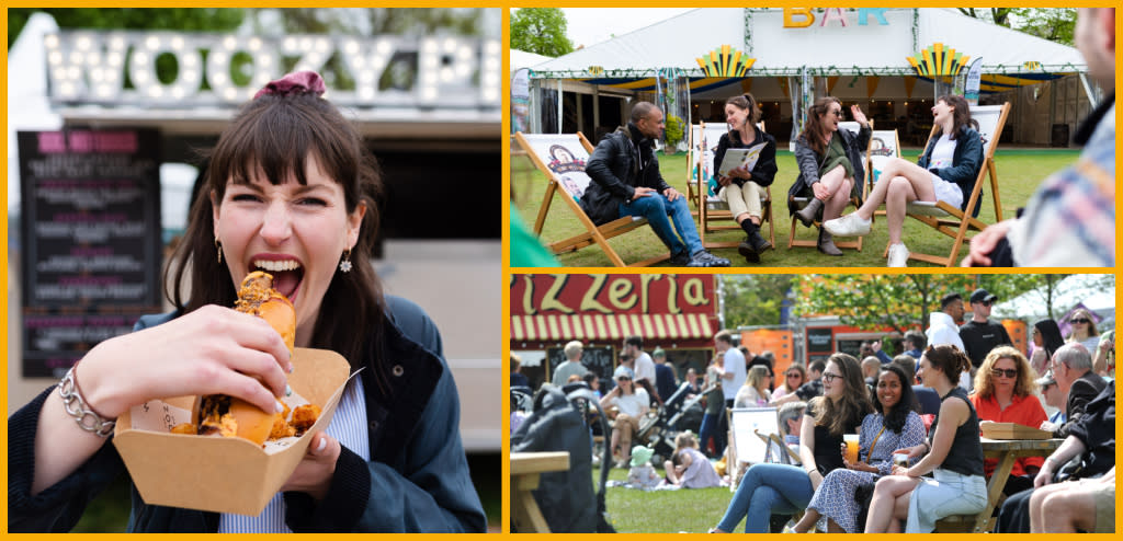 Collage featuring people eating and drinking at the Festival Village in Montpellier Gardens, Cheltenham.