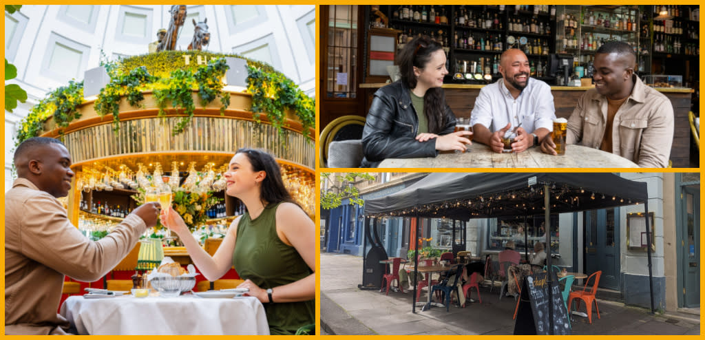 Collage of people dining at The Ivy Montpellier Brasserie, John Gordons, Chaplais Kitchen.