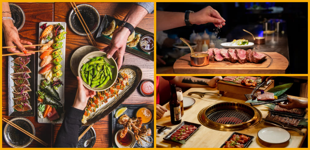 Collage of food served at KIBOU Cheltenham, Sef Steakhouse and Nagomi in Cheltenham.