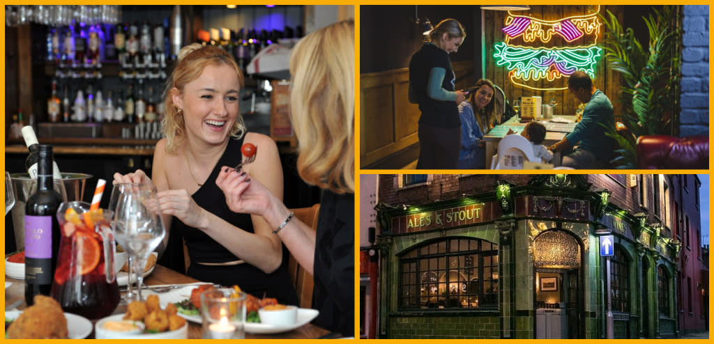 Collage of diners at Tailors Cheltenham, Beefy Boys Cheltenham and The Vine exterior.