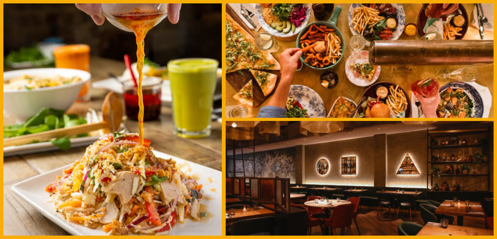 Collage featuring food served at Pho restaurant, food served at Flight Club Cheltenham, and The Alchemist interior.