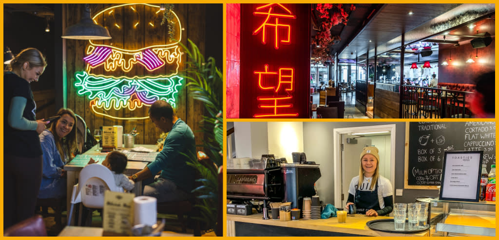 Collage featuring The Beefy Boys Cheltenham, KIBOU Cheltenham, and Guilt Trip Cheltenham.