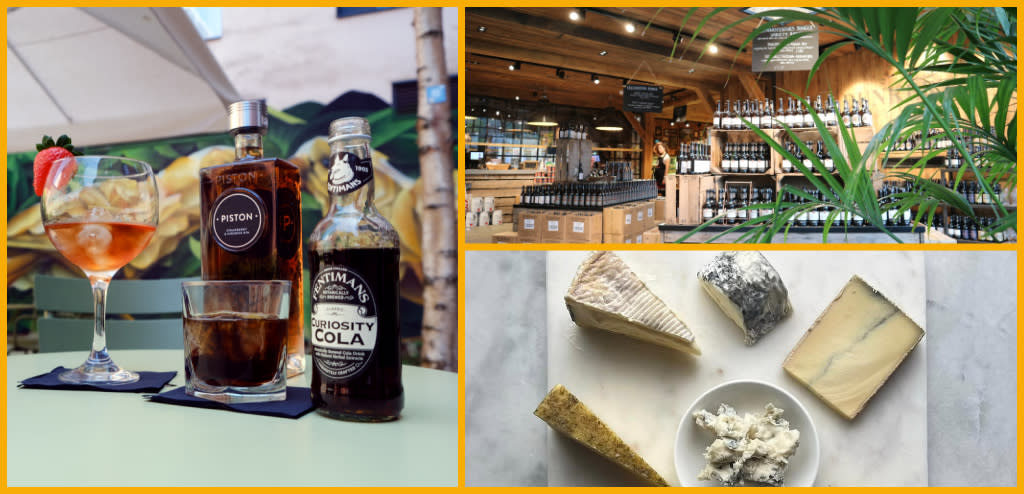 Collage of Piston Gin cocktails, Dunkertons Cider, Cheeseboard from Cheeseworks in Cheltenham.