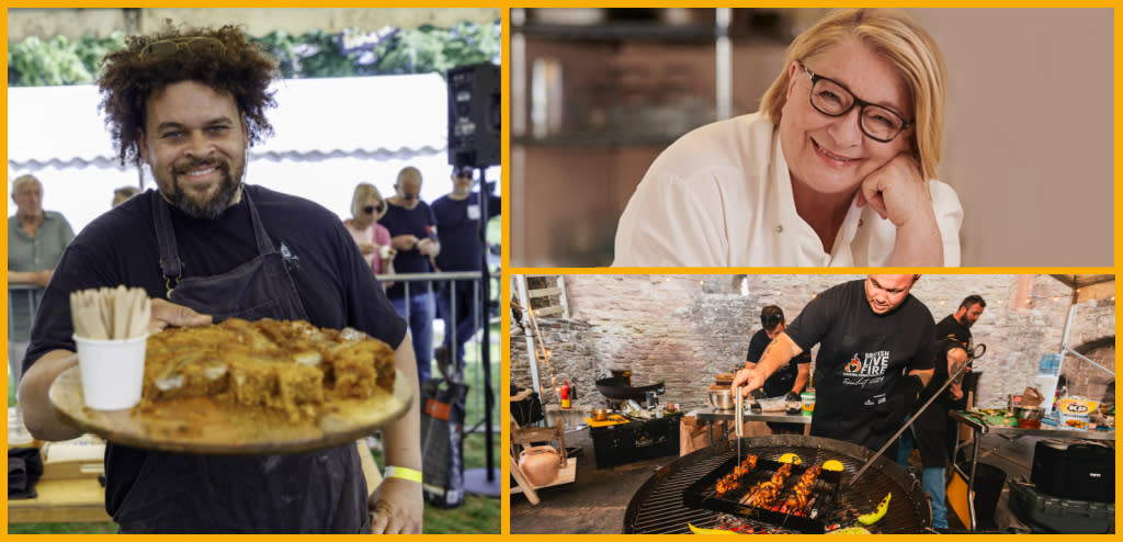 Collage of chefs, live cooking demonstrations and food served at Cheltenham Food & Drink Festival.