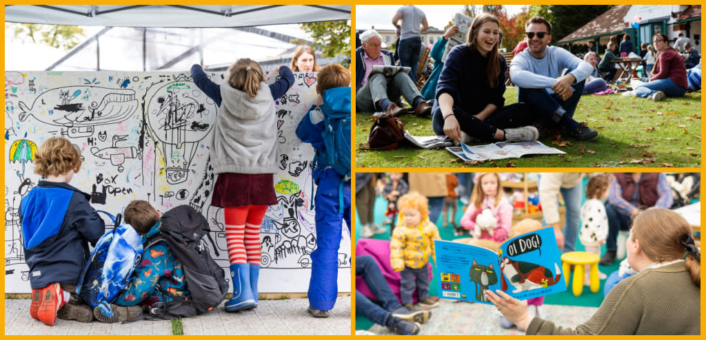 Collage of Cheltenham Literature Festival visitors and events