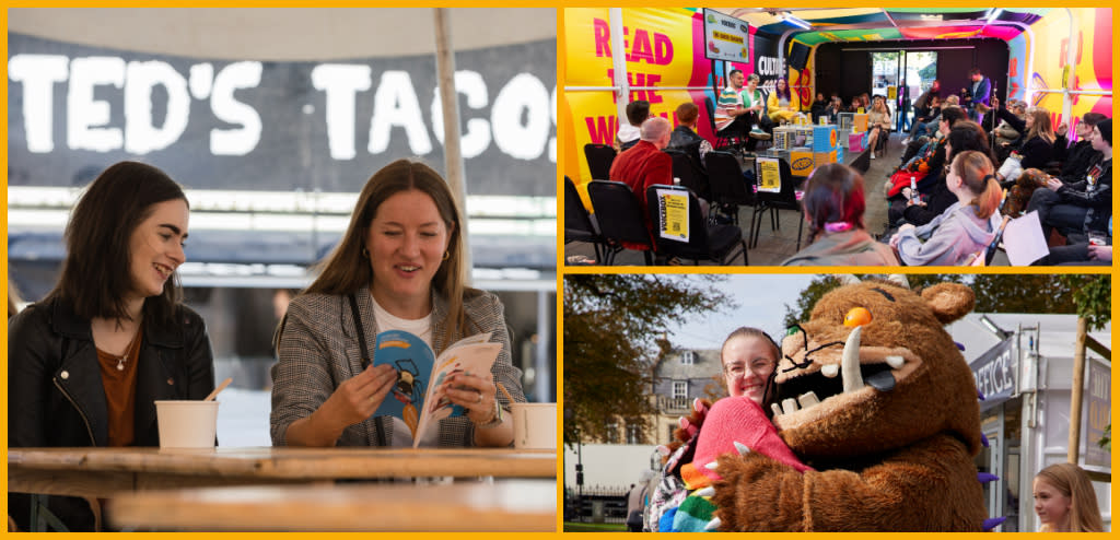 Collage of Cheltenham Literature Festival visitors and events