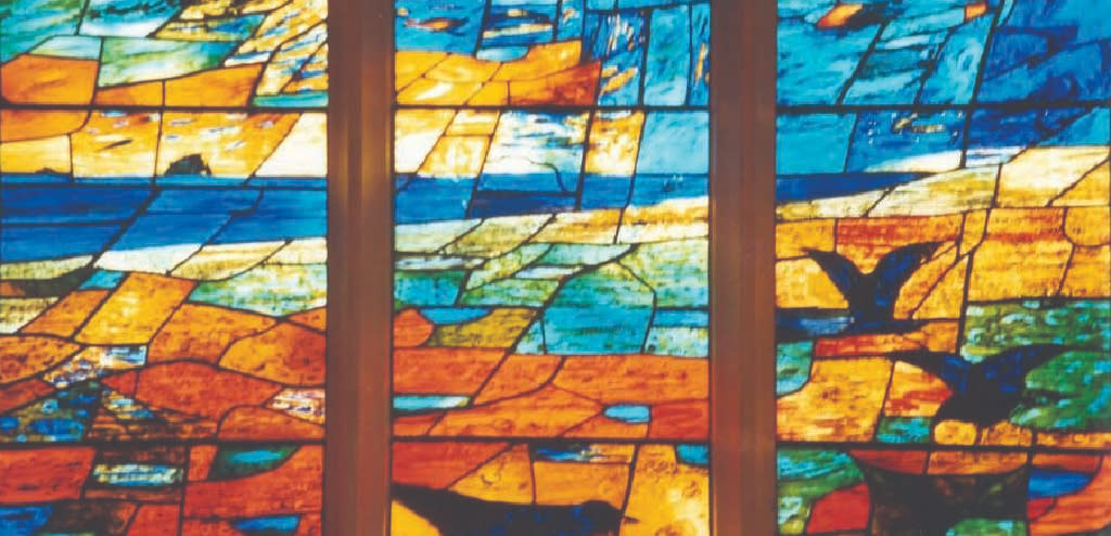 1965 modernist abstract stained glass window at Pate’s Grammar School.