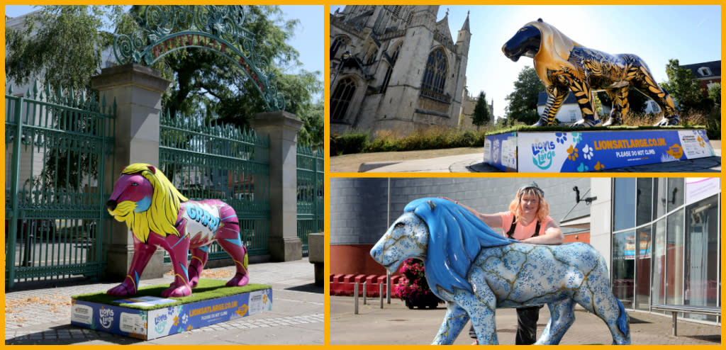 Image credit - Anna Lythgoe Photography. (Left) Lion – ROAR! Artist – Reilly Creative. Location – Pittville Park Gates. (Top right) Lion – All that glitters is not gold.  Artist – Jess Perrin. Location – Gloucester Cathedral. (Bottom right) Lion – The Kintsugi Lion.  Artist – Sam Morris. Location – GL1