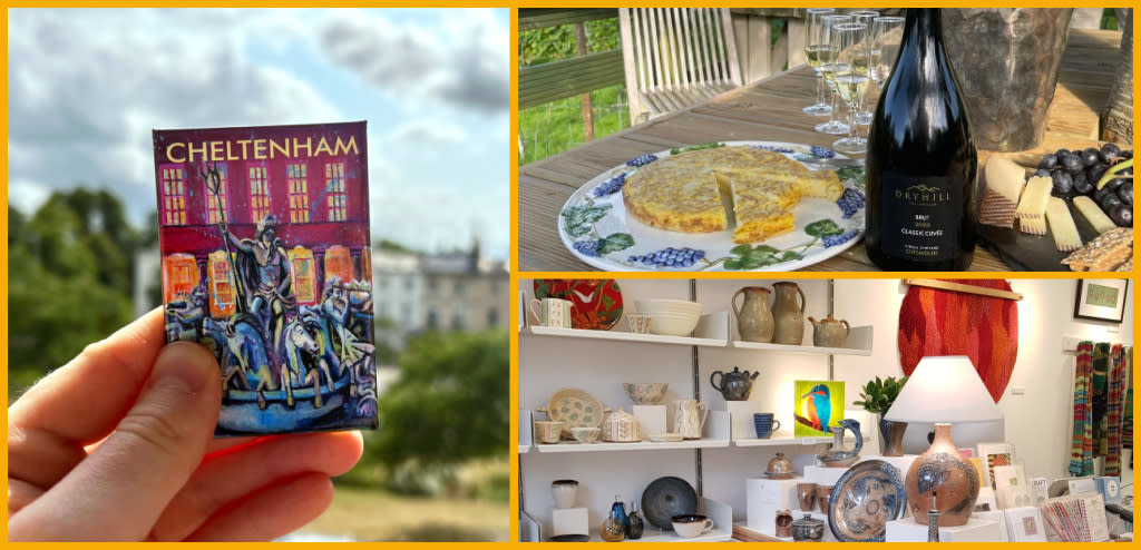 Collage of Art Union magnet, Dryhill Wine, Gloucestershire Guild of Craftsmen Cheltenham interior.