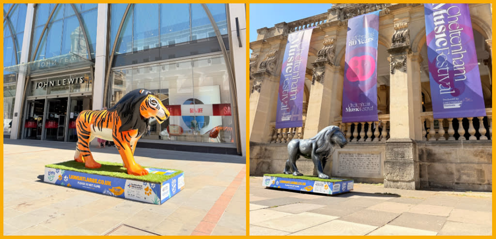 Images - (Right) Lion - The Tyger. Artist - Janine Smith. Location - John Lewis, Cheltenham High Street. (Left) Lion - Iso-Lion. Artist - Local Artist. Location Cheltenham Town Hall.