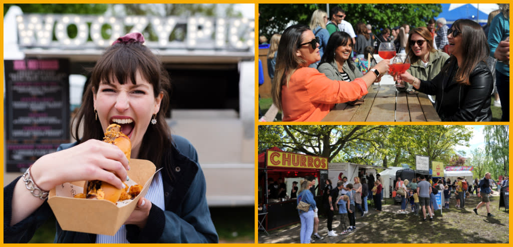 Collage of people enjoying food and drinks at the Festival Village in Cheltenham.