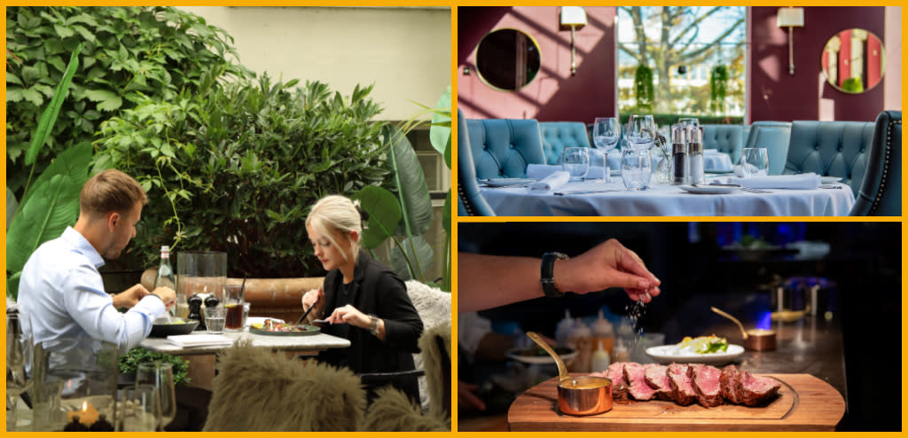 Collage of No. 131 The Terrace, Victoria's at the Queens Hotel Cheltenham, Sef Steakhouse.