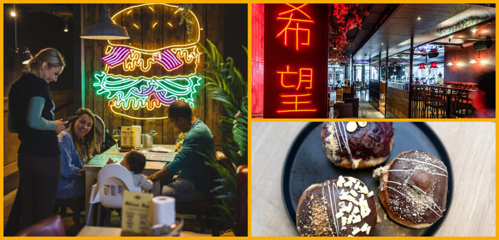 Collage of The Beefy Boys Cheltenham, KIBOU Cheltenham, Guilt Trip doughnuts.