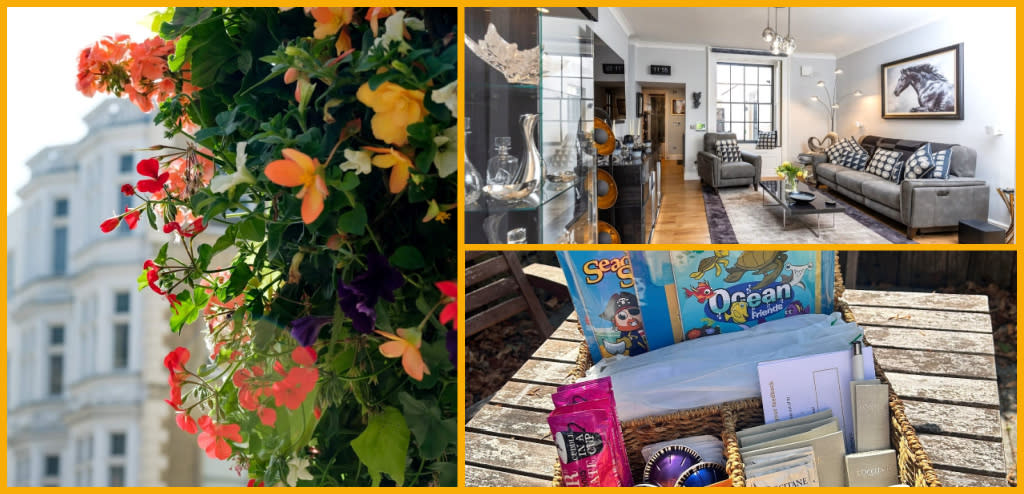 Collage featuring flowers with apartments in the background, a luxury apartment interior, and a welcome basket.