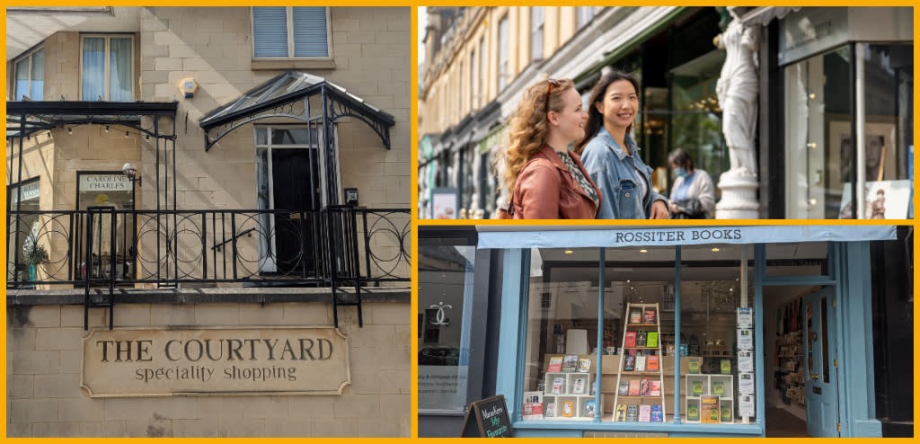 Collage featuring Montpellier Courtyard, ladies exploring shops in Montpellier, and the exterior of Rossiter Books in Cheltenham.