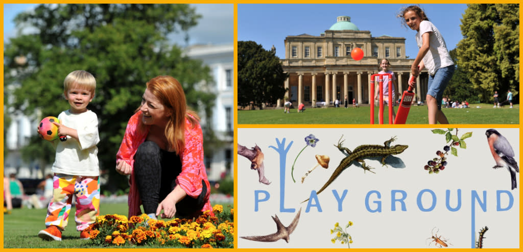 Collage of children playing in gardens and open spaces in Cheltenham, Play Ground exhibition poster.