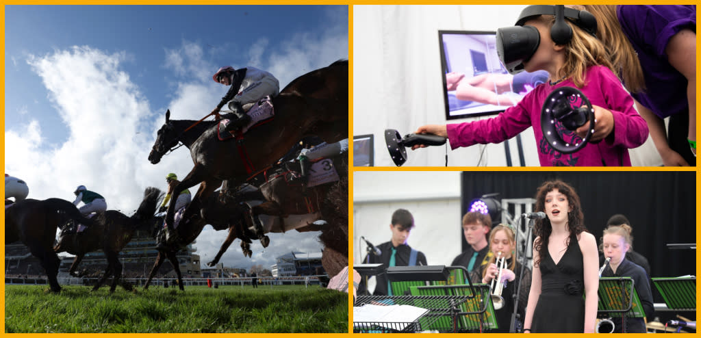 Collage of horse racing at Cheltenham Festival, Cheltenham Science Festival activities, Cheltenham Jazz Festival performances.