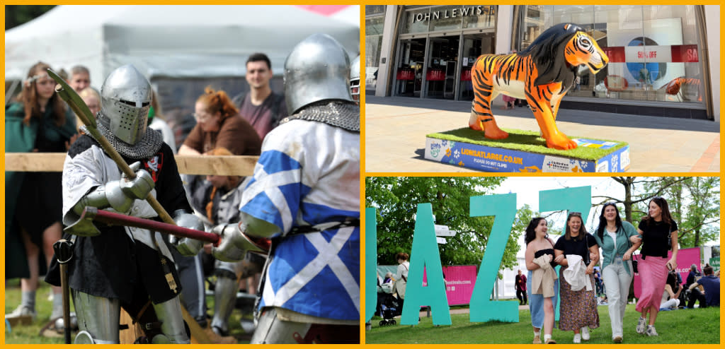 Collage of Fantasy Forest Festival at Sudeley Castle, Lions at Large sculpture outside John Lewis Cheltenham, visitors at Cheltenham Jazz Festival.