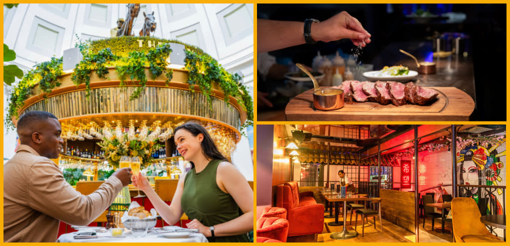 Collage of diners at The Ivy Cheltenham, Sef Steakhouse, KIBOU Cheltenham.