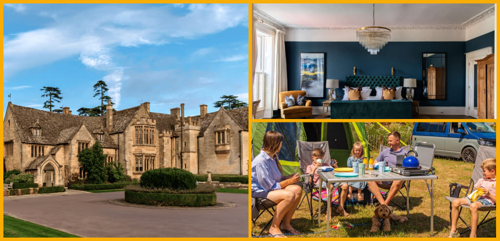 Collage of Ellenborough Park Hotel exterior, No. 38 The Park bedroom, Cotswold Farm Park Holidays camping.