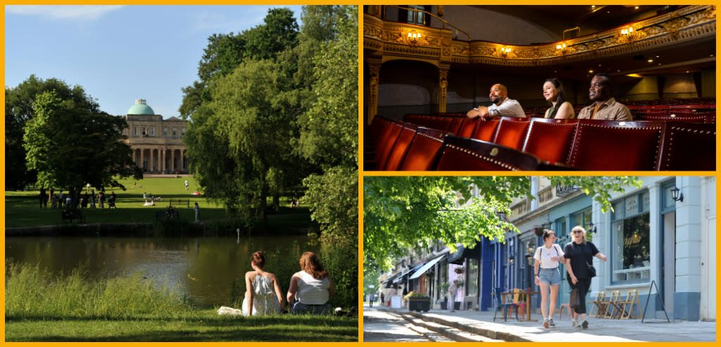 Collage of Pittville Pump Room, Everyman Theatre Cheltenham, shops in Montpellier Cheltenham.