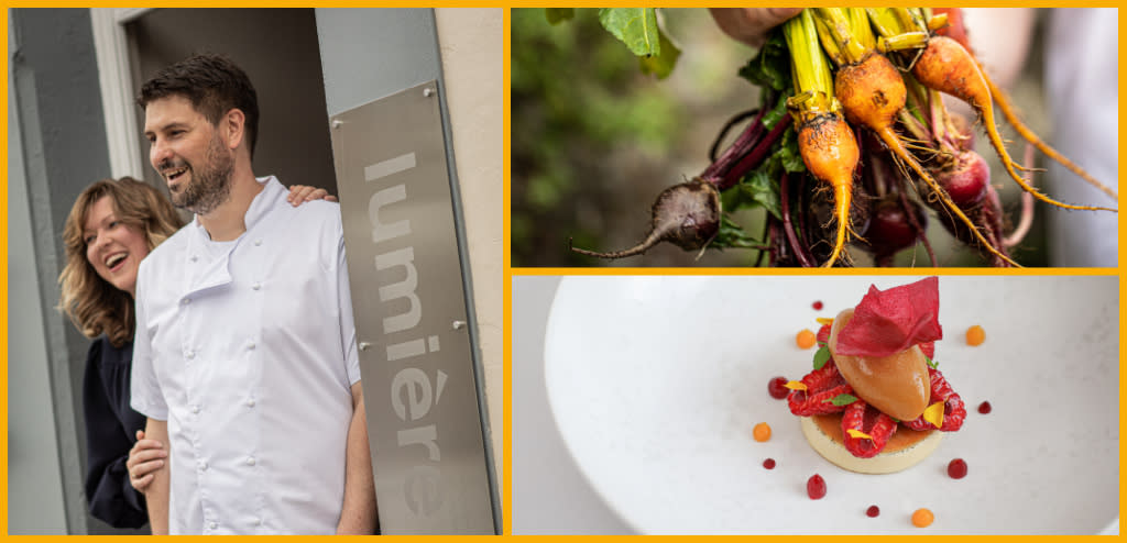 Collage of Lumiere Cheltenham team, vegetable roots, dishes served at Lumiere restaurant.