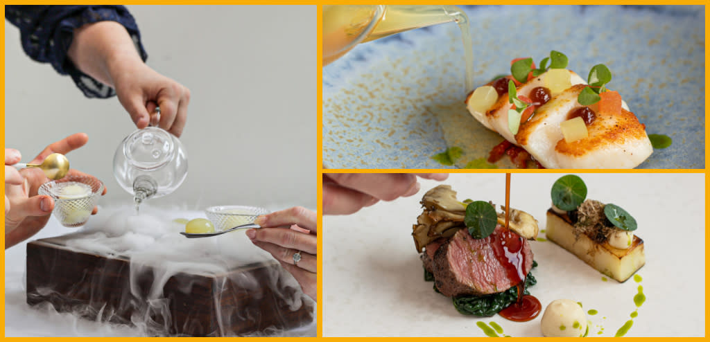 Collage of food dishes served at Lumiere restaurant in Cheltenham.