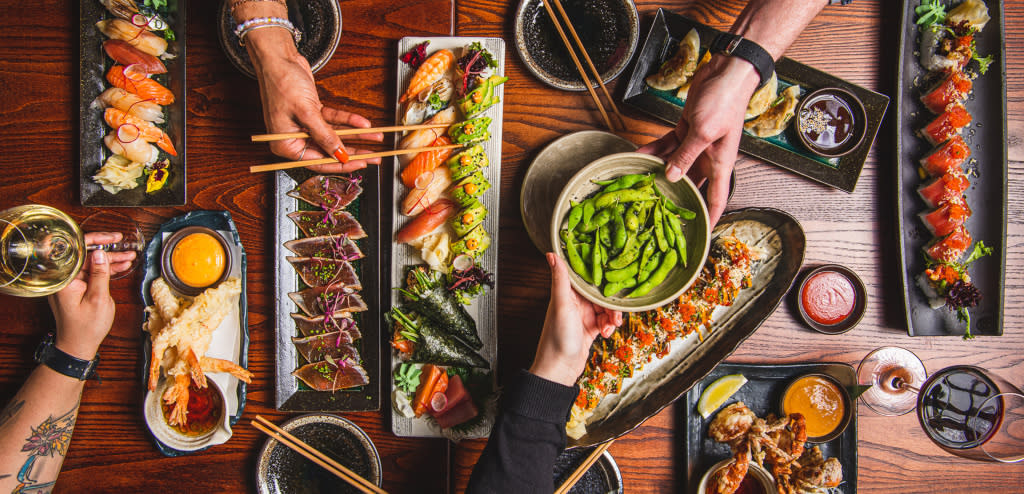 Table full of food served at KIBOU Cheltenham.