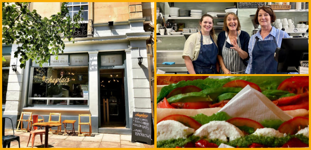 A collage of images of Chaplais Kitchen and team, sandwiches served.
