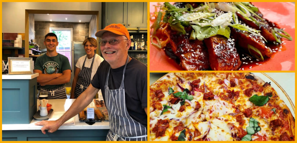 A collage of images of Chaplais Kitchen and team, sandwiches served.