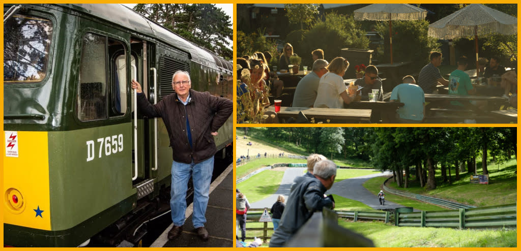 Collage featuring a man beside a GWSR steam train, a glass of Dunkertons Cider, and scenes from Prescott Bike Fest.