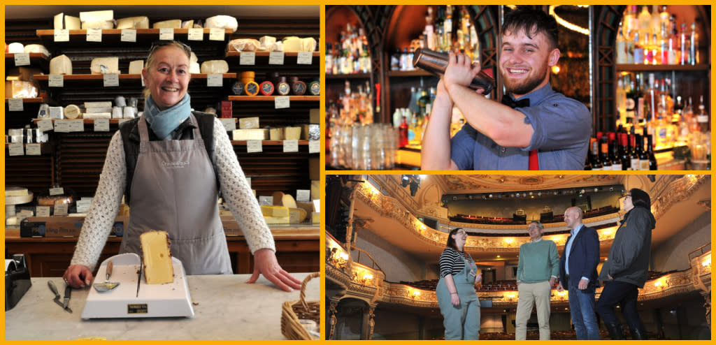 Left image - Caroll Haggie from Cheeseworks with a selection of the cheeses they sell. Top image - Dan Pearson from Flight Club. Bottom image - Katy Embling from the Everyman Theatre, Councillor Martin Horwood, Max Wilkinson MP, Helen Mole from Marketing Cheltenham.