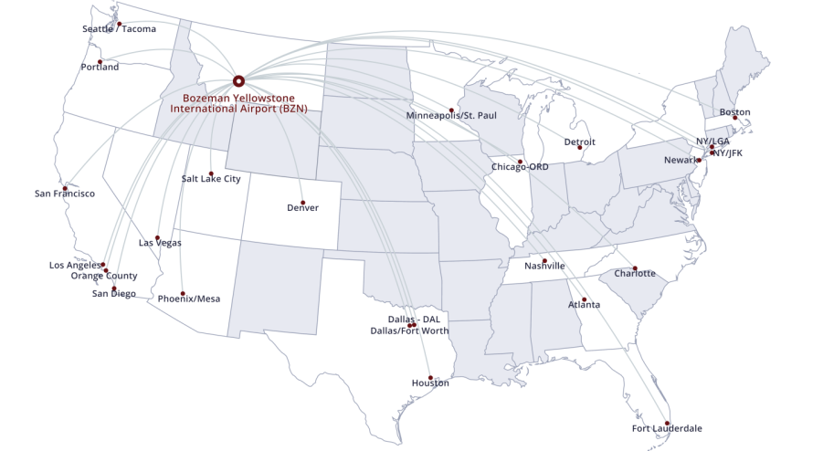 Bozeman Yellowstone International Airport destination map