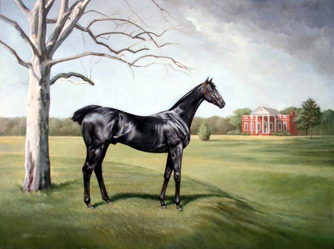 Artist's rendering of the horse Othello at his owner's mansion, Whitehall- just outside of Annapolis.