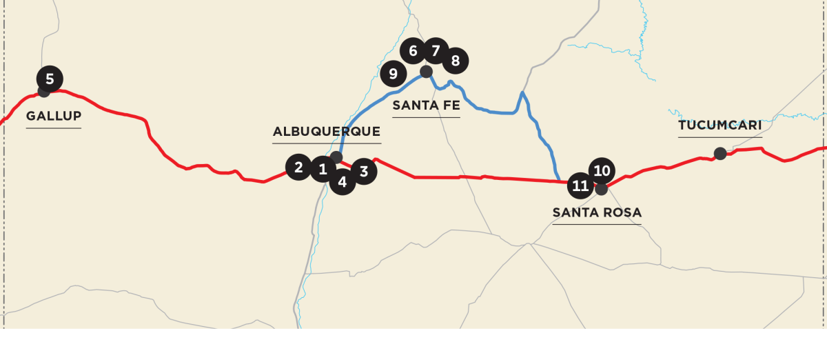 Map of Route 66 stops in New Mexico marked with numbers.
