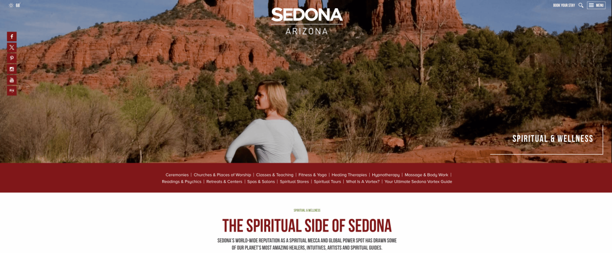 A screenshot of Sedona's spiritual inspiration page on their website.