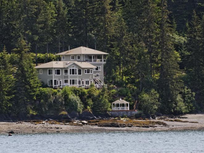 Our home, the AKNS Suite, Ocean View Room, gazebo and beach from Auke Bay.