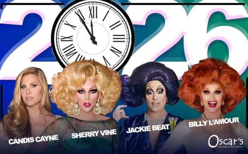 Poster of drag queens that will be performing at Oscar's for New Year's Eve in 2026