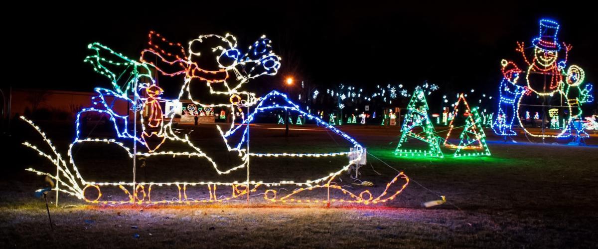 Panorama of holiday lights at Phillips Park for Rotary Club of Aurora Festival of Lights