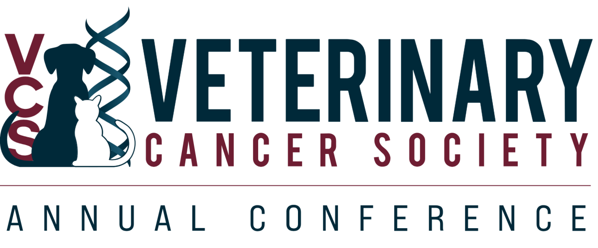 Picture of logo reading "Veterinary Cancer Society Annual Conference" in blue and red with a photo of a cat and dog on the left side
