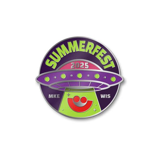 A colorful circular pin featuring a retro-style purple and green spaceship beaming up the Summerfest smiley-face logo. The word "SUMMERFEST" arches across the top in bold green letters with "2025" displayed on the UFO's dome. The letters "MKE" and "WIS" appear on either side near the bottom, referencing Milwaukee, Wisconsin.