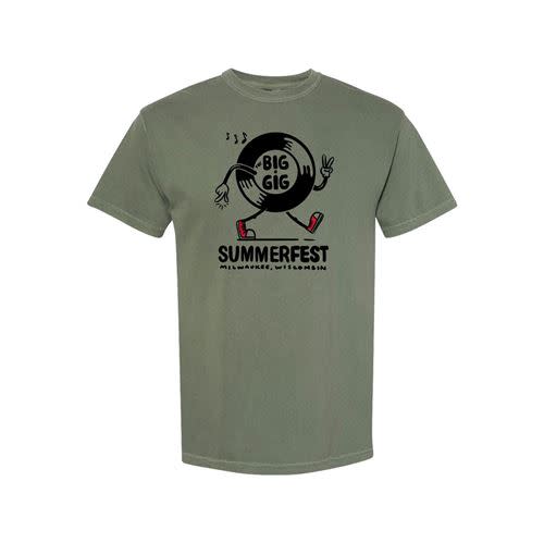 An olive green t-shirt featuring a playful graphic of a walking vinyl record character with arms, legs, musical notes above its head, and the words "BIG GIG" in the center. Below the character, the shirt reads "SUMMERFEST Milwaukee, Wisconsin" in bold black text.