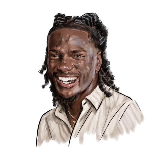 Illustration of a smiling black man with a cream button up shirt
