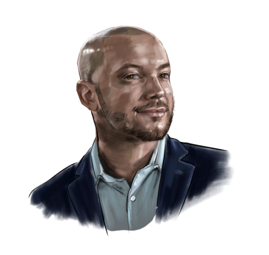 Headshot illustration of person with a beard, button-up collared shirt, and blue blazer