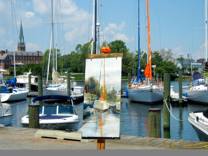 A painting of a waterfront view featuringa sailboat