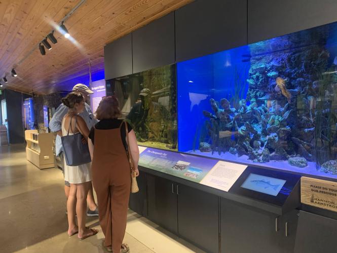 A group looking at an exhibit that shows the effects of oysters in the Chesapeake Bay at the Annapolis Maritime Museum in Annapolis, MD
