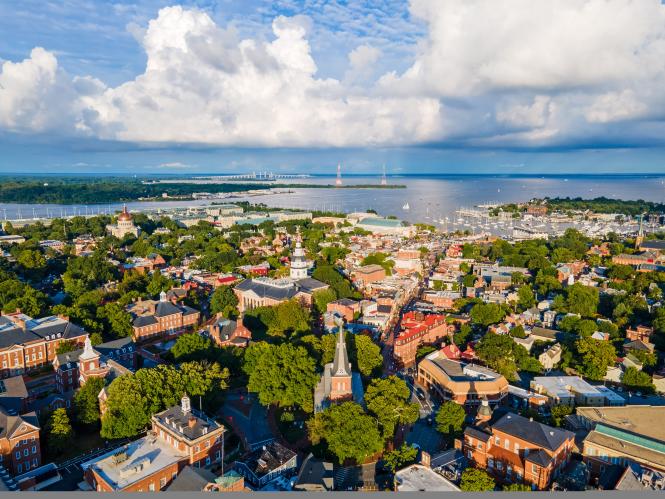 aerial view of Annapolis looking toward the Chesapeake Bay