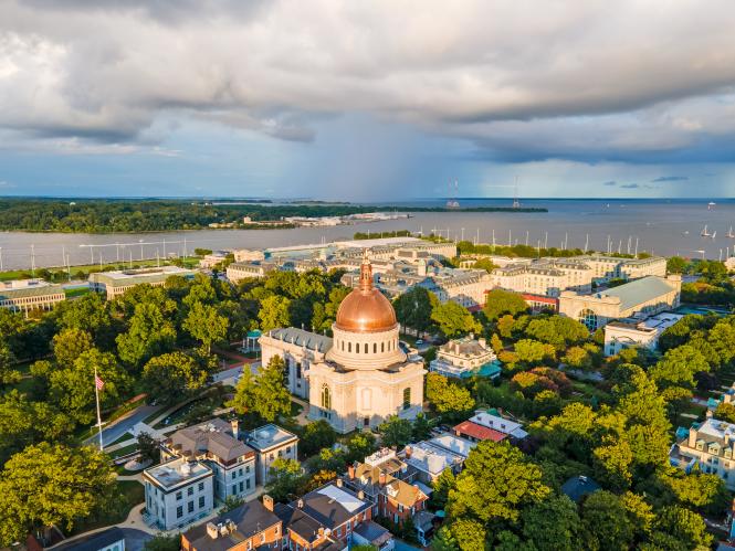 Naval Academy Chapel Copper dome with the bay behind it.