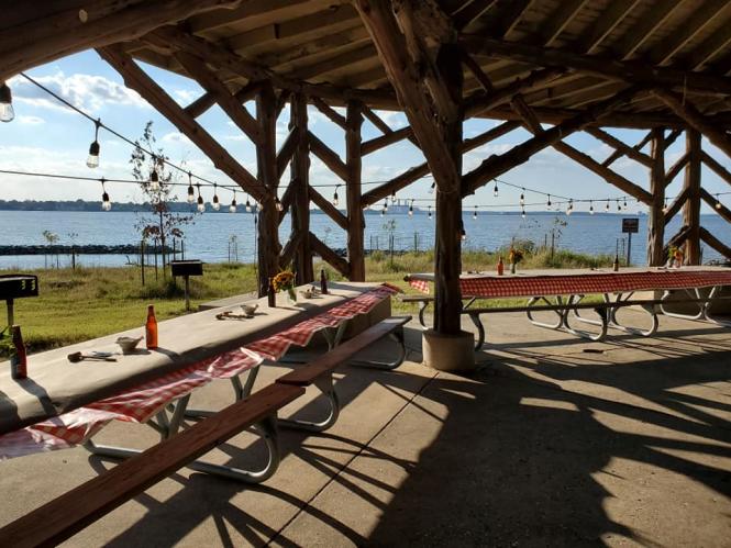 Fort Smallwood Cedar Pavilion set up for a family style Crab Feast